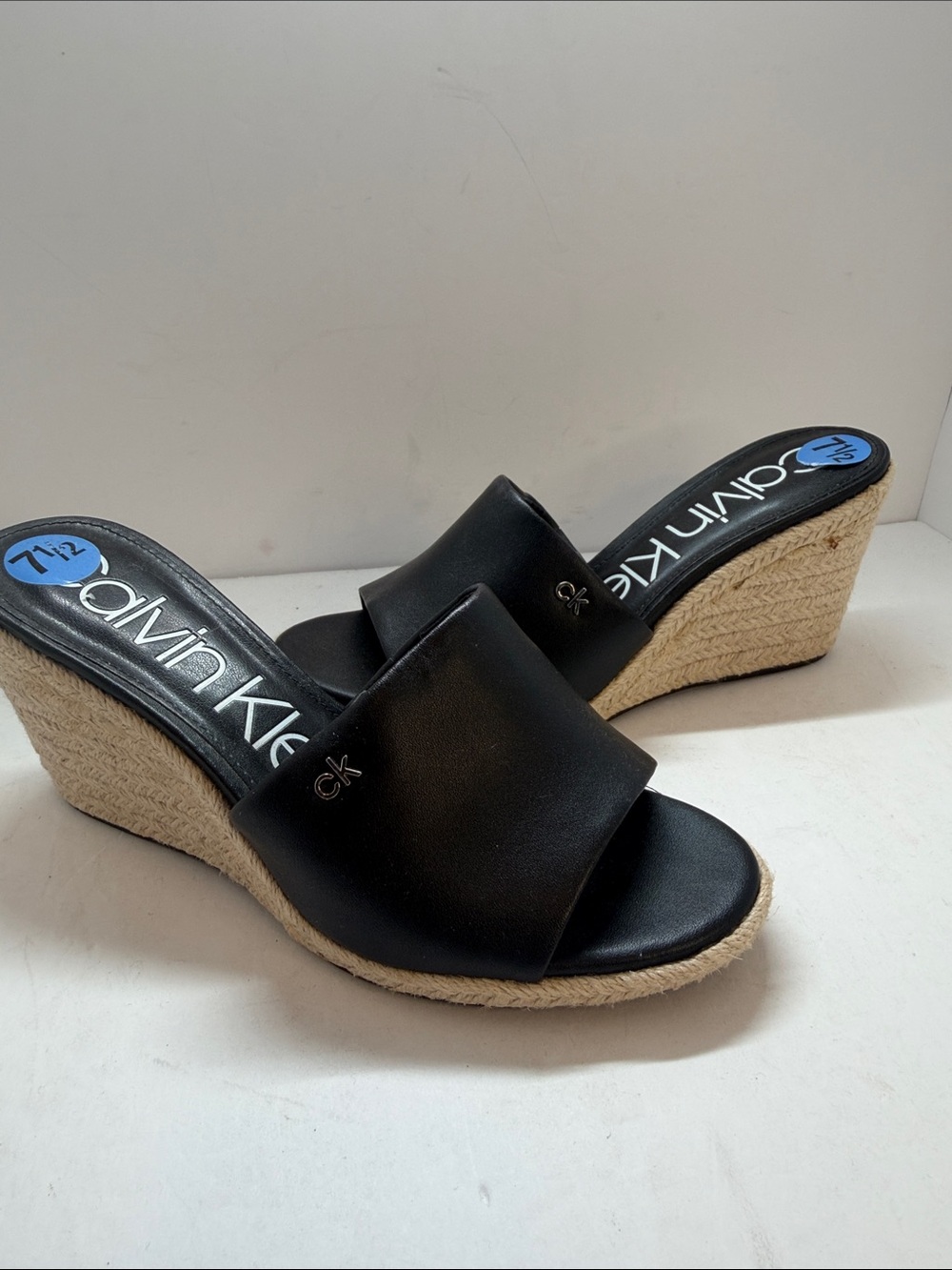 Calvin Klein Black Leather Espadrille Wedge Slides with Natural Rope Heel